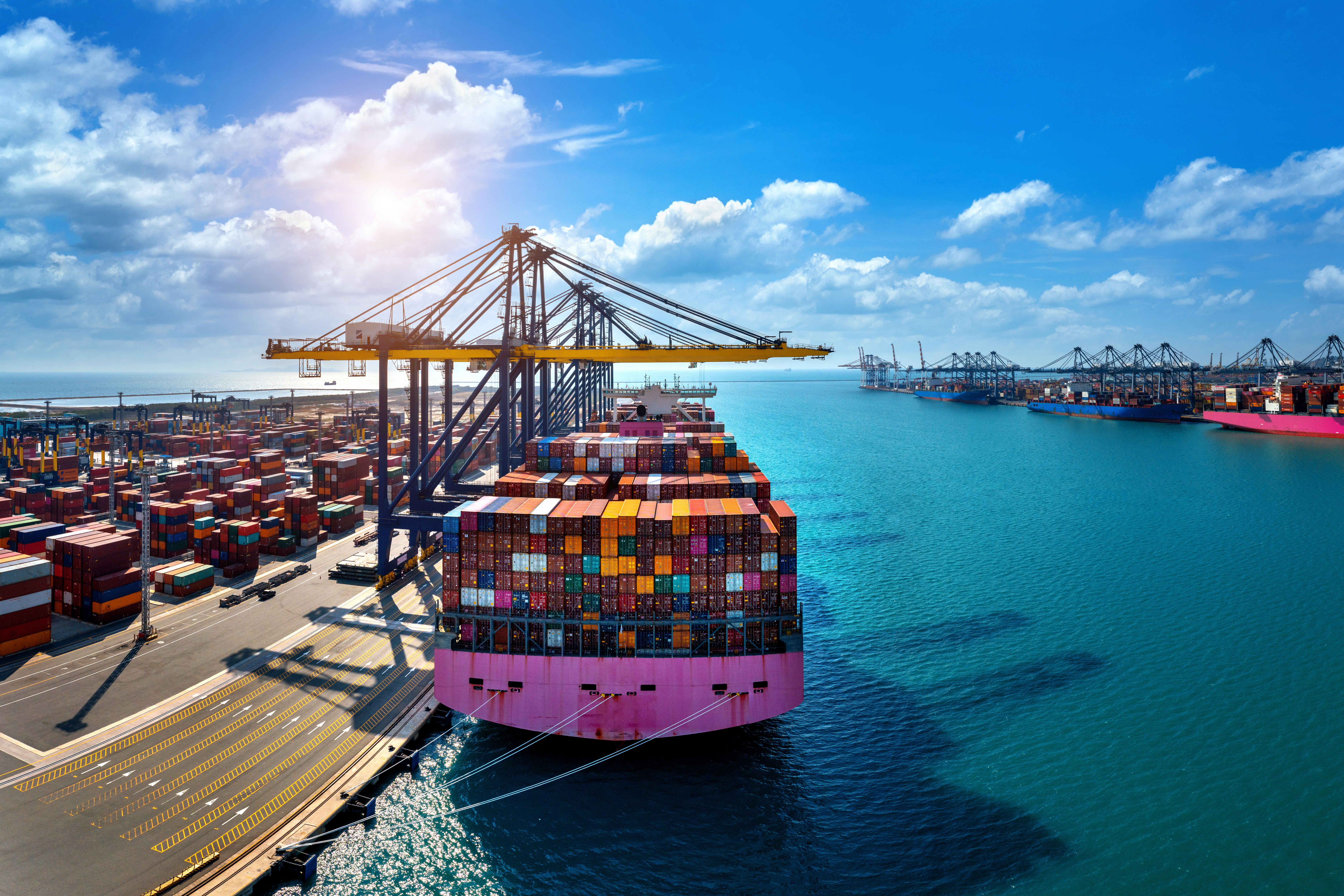 Aerial view of a Kenyan maritime port at golden hour